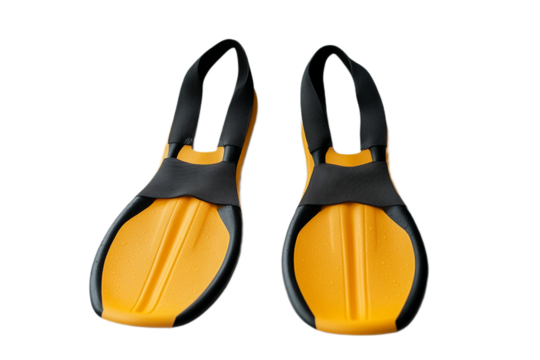 Pair of bright yellow swim fins with black trim on transparent background