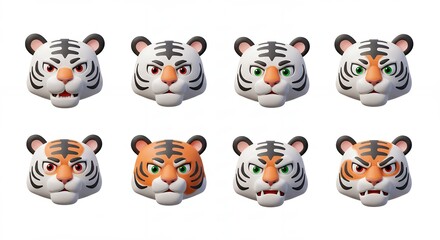 Cartoon tiger heads with various expressions