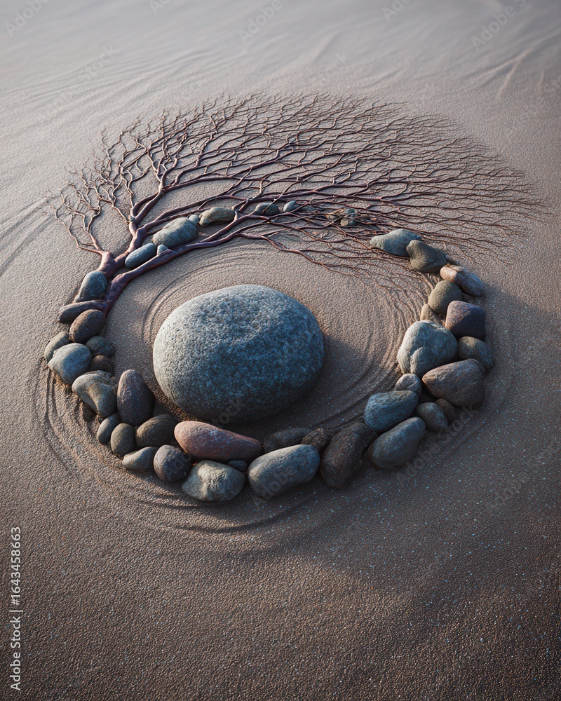 Poster harmony of nature with rock and twisted branches in serene beach setting for tranquil meditation and