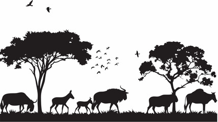 Fototapeta premium Silhouette of african wildlife under trees and birds in flight against white background landscape art | editable eps vectors