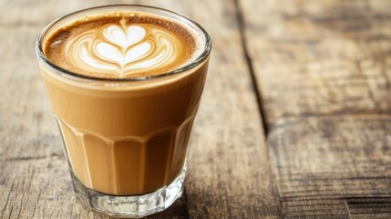 Latte art in a glass cup on a wooden table (1)