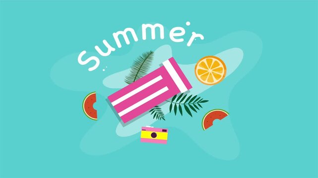 Summer items like juice, camera, and flip flops arranged neatly on a vibrant blue background