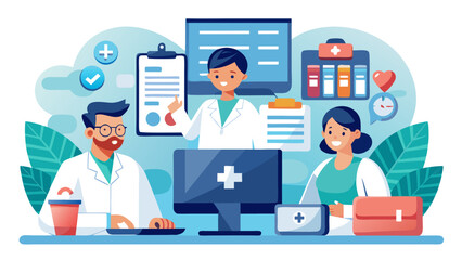 Vector art of a team of three medical professionals, doctors and nurses, working together in a bright office, using computers and reviewing patient information with medical symbols