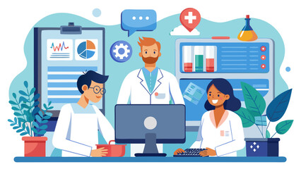 Fototapeta premium Vector art of healthcare professionals working together in a medical office, analyzing patient data on a computer and reviewing charts, highlighting the importance of teamwork in medicine