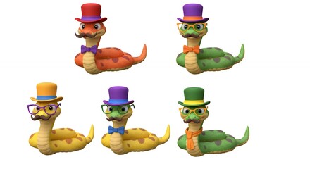 Colorful snakes with hats and bowties
