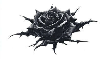 Enigmatic Black Rose with Thorns Isolated on White Background