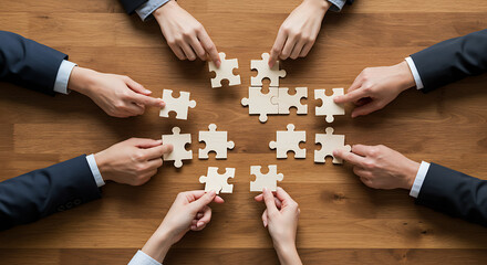 Finding solutions, team of professionals completing a puzzle.

