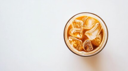 Fototapeta premium Overhead view of iced coffee in a clear glass