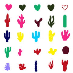 a variety of cactus plants and hearts