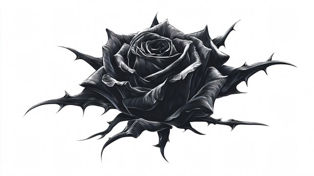 Enigmatic Black Rose with Thorns Isolated on White Background - Powered by Adobe