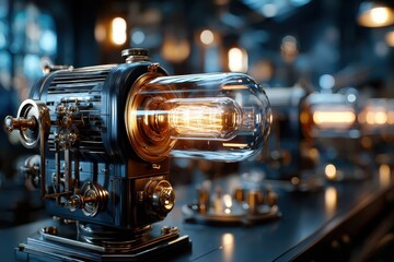 Vintage machinery with glowing filament in a steampunk workshop at night