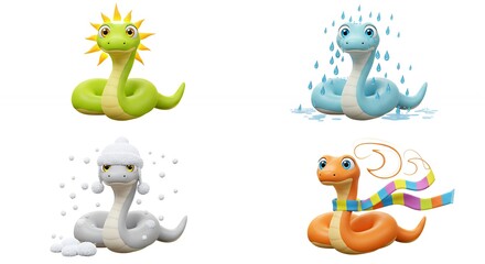 Fototapeta premium Four cartoon snakes representing seasons