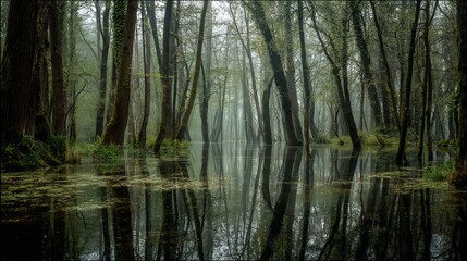 Serene forest scene with misty water reflecting tall trees in a tranquil setting.