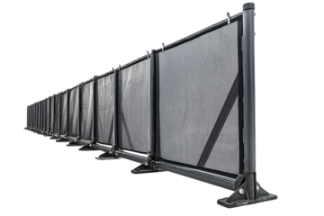 Long industrial safety fence barrier with mesh panels on transparent background