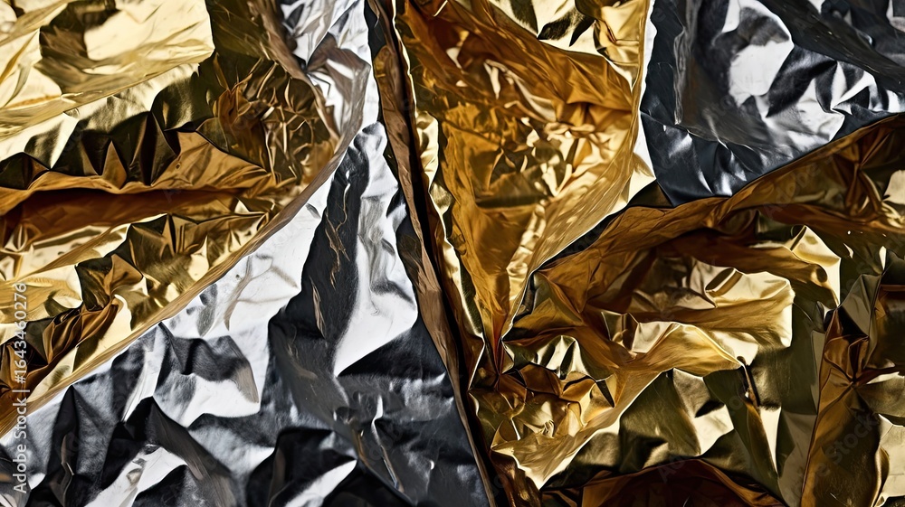 Poster close up view of crumpled gold and silver foil creating an abstract metallic background image