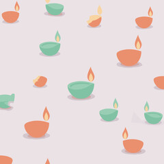 Diwali design with colorful decorative oil lamps in a repeating pattern on a light lavender background with triangular shapes.