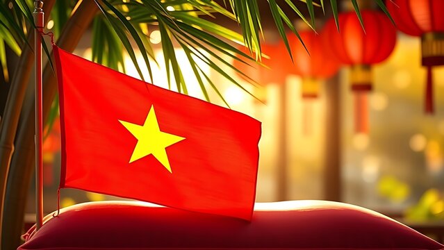 Vietnam National Day flag on silk cushion with bamboo leaves and lanterns