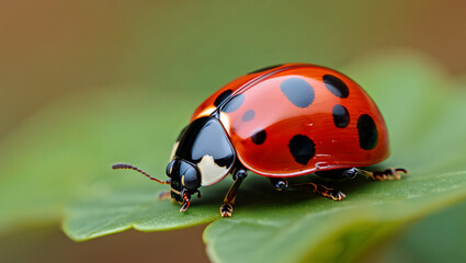 Fototapeta premium Close up of a bright red ladybug with black spots on a green leaf