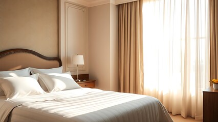 A serene hotel bedroom bathed in morning sunlight, featuring a neatly made bed and soft tones.