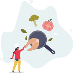 healthy eating concept.Character cooking fresh salad and other healthy meals from fresh vegetables and fish.human life.