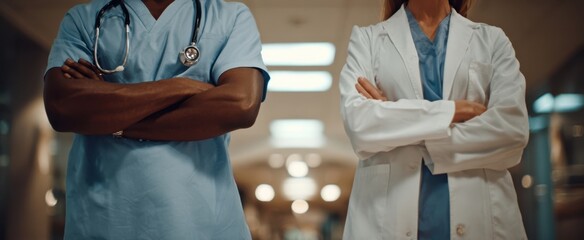The dedicated healthcare professionals standing confidently in a modern hospital environment.