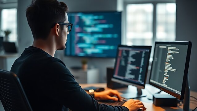 A focused developer working at a minimalist desk with a blurred code projection.