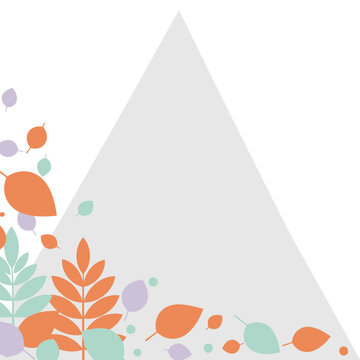 Abstract autumnal leaf design with pale grey triangle background. Colorful leaves scattered in a corner, creating a gentle autumnal feel. Graphic design element for autumn theme.