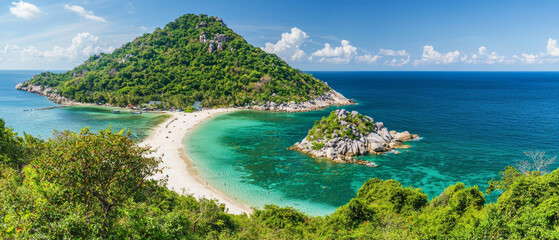 Fototapeta premium Secluded tropical beach, turquoise water, lush green island, sunny sky