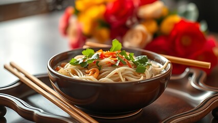 Steaming Pho noodles with fresh herbs on lacquer tray, representing Vietnam's inviting National Day cuisine.
