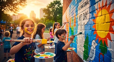 Children collaborate on a colorful mural for International Art Day, painting a brick wall with vibrant designs in an outdoor setting.