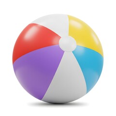 Obraz premium Bright multicolored inflatable beach ball with vibrant red, blue, yellow, purple and white panels isolated on white background. Ideal for summer fun concepts.