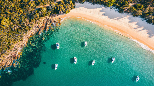 Secluded cove: turquoise water, sandy beach, anchored boats