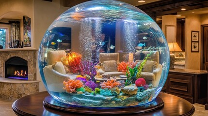 Fototapeta premium Large, round aquarium with colorful fish and coral, situated in a home interior