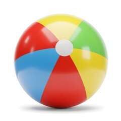 Obraz premium Classic colorful inflatable beach ball with bright red, yellow, blue, green and white stripes isolated on white background. Perfect for summer and vacation themes