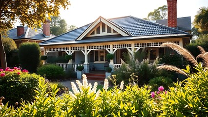 A charming suburban home bathed in afternoon sunlight with a lush garden.