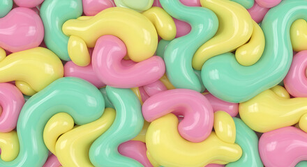 Abstract Pastel Swirls: Intertwined Glossy Forms in Pink, Yellow, and Mint Green