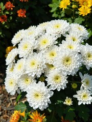 Obraz premium Vibrant floral display of white chrysanthemums in a garden nature photography bright daylight close-up view