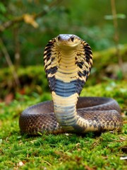 Fototapeta premium Majestic cobra displaying defensive posture lush forest wildlife photography serene environment close-up nature conservation