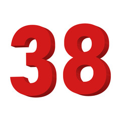 3D Red Number 38 Text Vector on White Background

