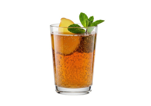 Elegant glass with sparkling amber kombucha, condensation, rising bubbles, garnished with ginger and mint on seamless transparent. Concept for premium beverage advertising