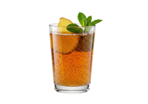 Elegant glass with sparkling amber kombucha, condensation, rising bubbles, garnished with ginger and mint on seamless transparent. Concept for premium beverage advertising