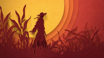 Naklejka premium Silhouette Scarecrow in Red and Orange Sunset Cornfield Paper Art