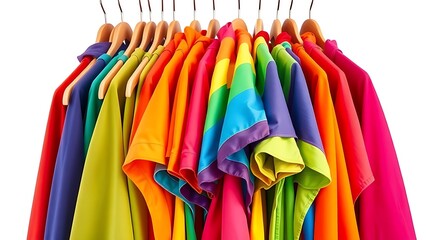 A vibrant collection of rainbow-colored fabrics neatly displayed on wooden hangers.