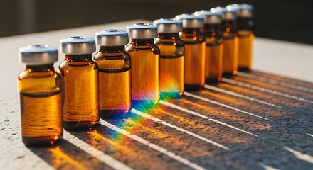 Row of amber glass vials with colorful light refraction