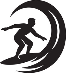 Riding the Wave: A silhouette of a surfer carves through a towering wave, embodying the thrill and fluidity of the ocean, ideal for illustrating water sports or coastal lifestyle.