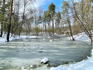 Small pond in the Pekhorka Park in the city of Balashikha, Moscow region, in spring