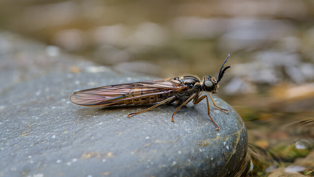 Close up of a stonefly insect resting on a smooth grey rock near water