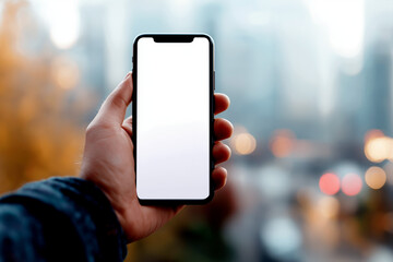 Hand holding blank screen smartphone in urban setting