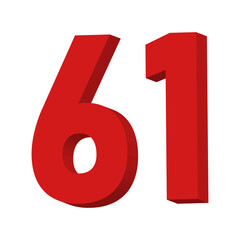 3D Red Number 61 Text Vector on White Background
