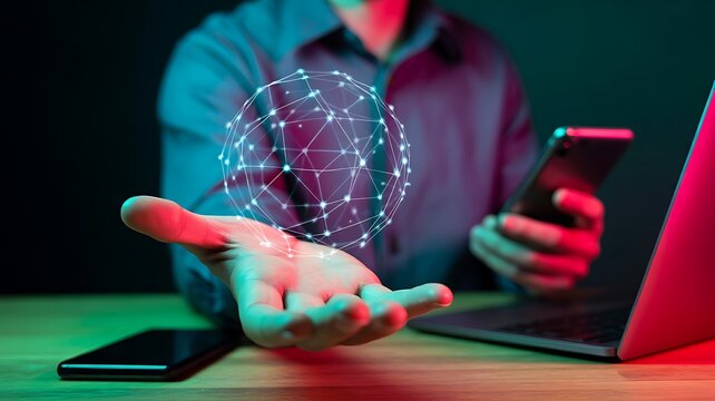 Person holding glowing digital network sphere with colorful lighting technology globe - Powered by Adobe